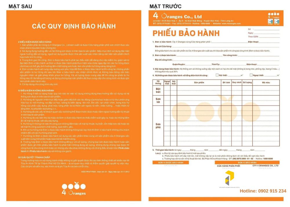 Phiếu bảo hành sơn mykolor