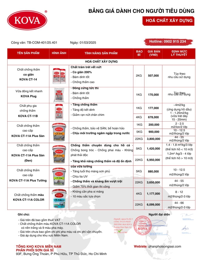 bảng giá hoá chất xây dựng kova mới nhất 2025