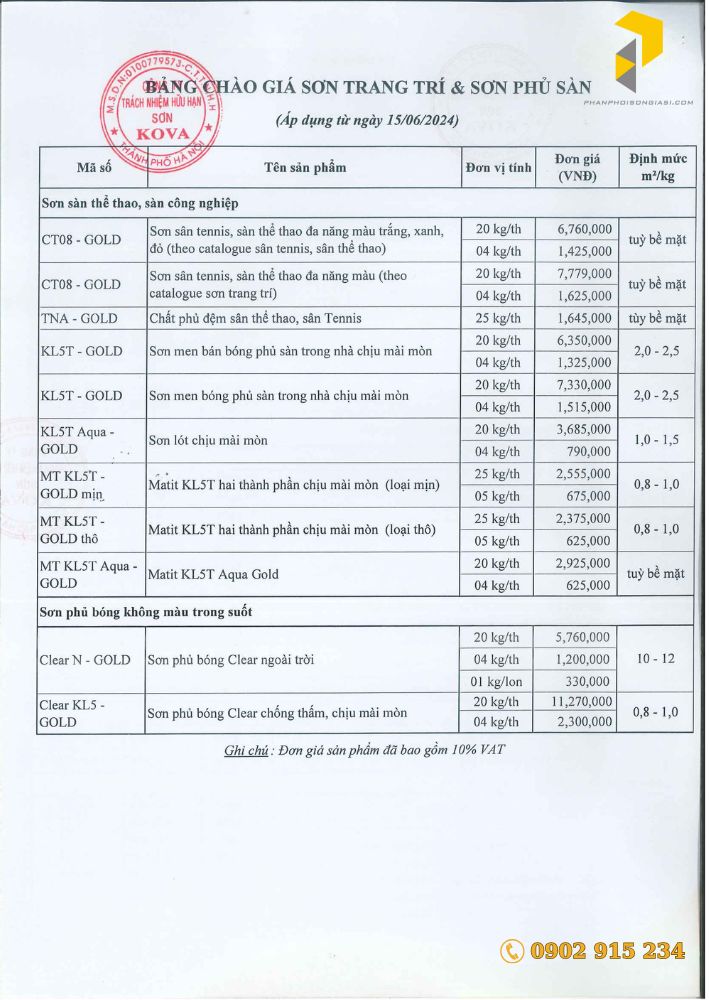 Bảng báo giá sơn Kova mới nhất ngày 15/6/2024 tại hà nội
