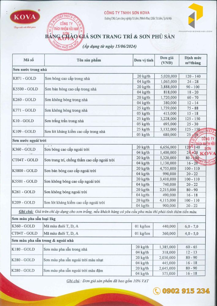 Bảng báo giá sơn Kova mới nhất ngày 15/6/2024 tại hà nội