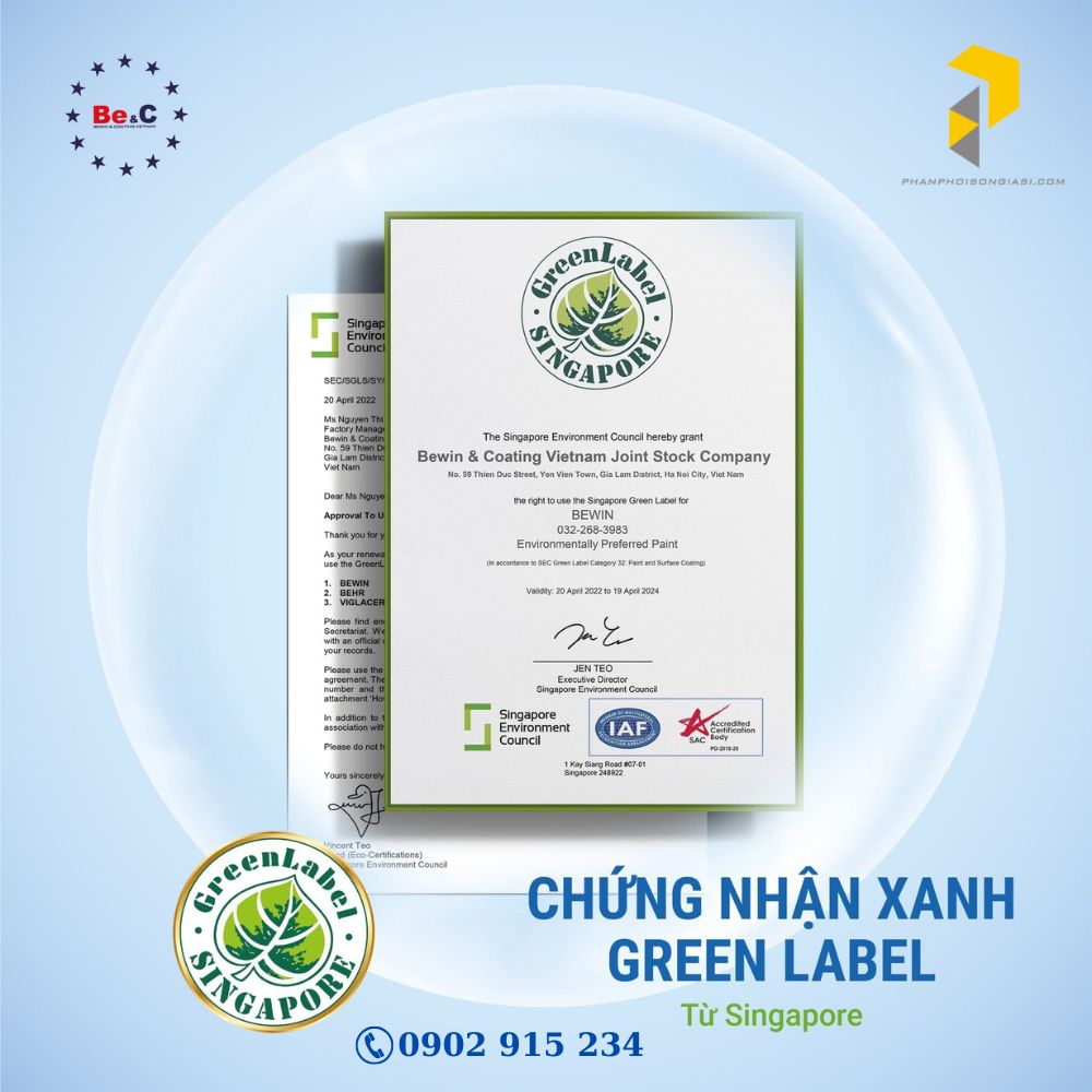  Chứng nhận xanh green label sơn Bewin