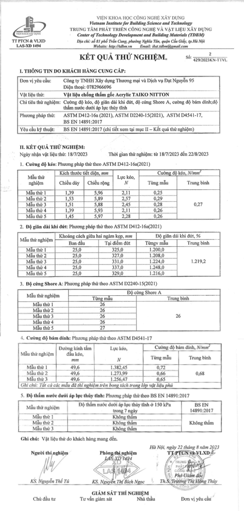 Bảng kết qua thí nghiệm sơn chống thấm Taiko Nitton Plus