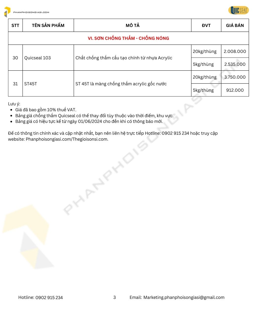 Bảng báo giá chống thấm Quicseal mới nhất 2024