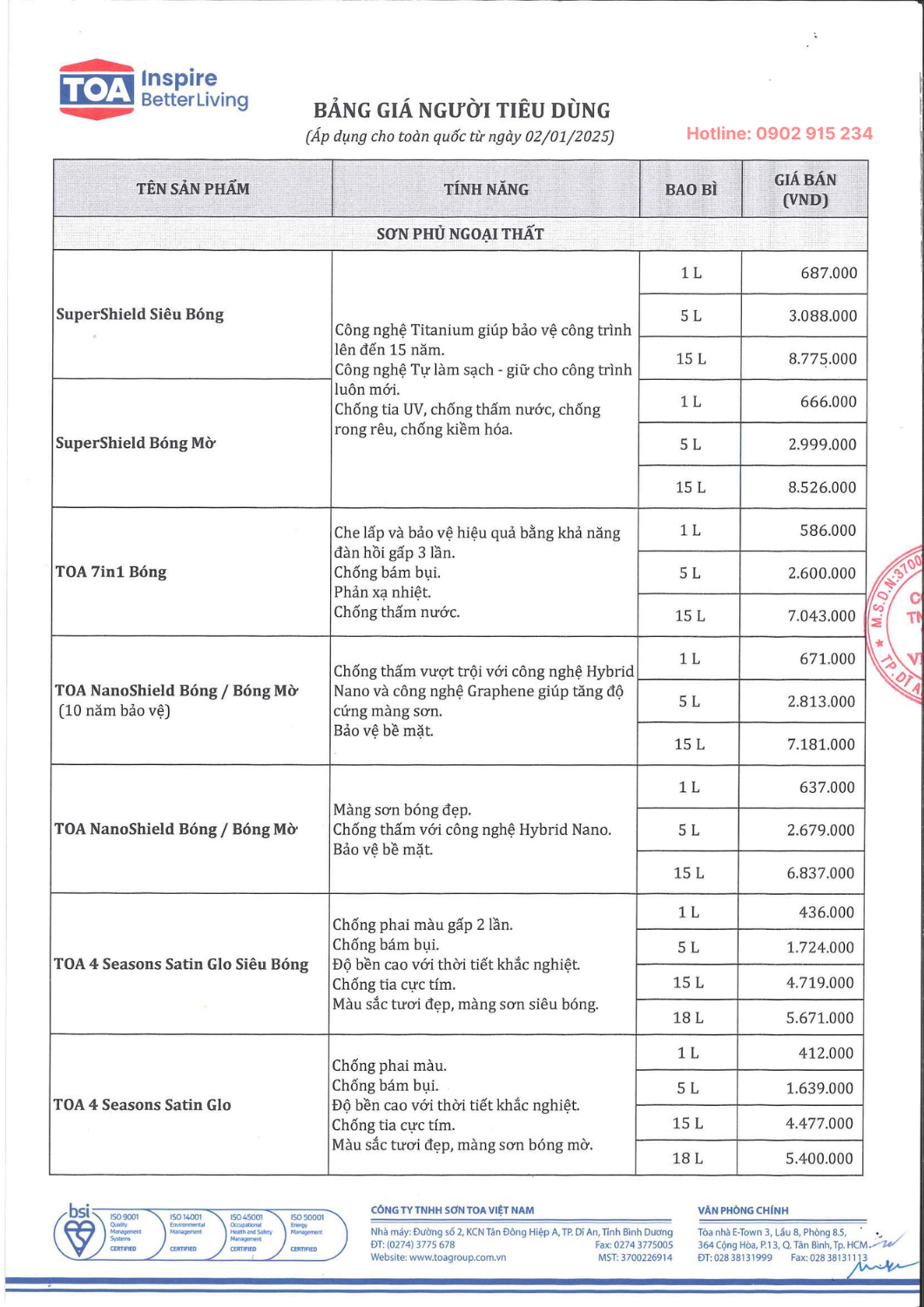 Bảng Báo Giá Sơn Toa cập nhật 2/1/2025 trang 1