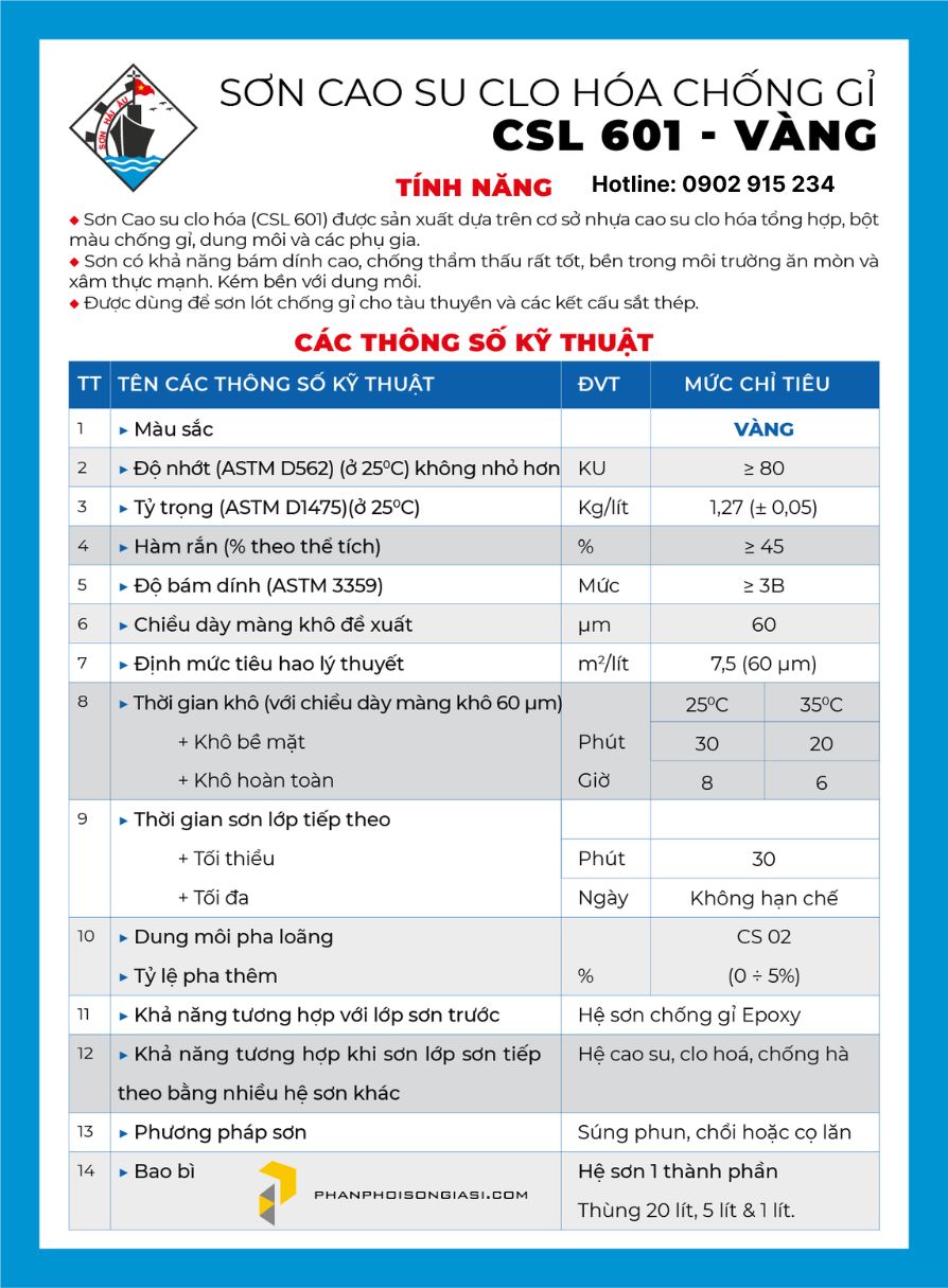 Bảng thông số kỹ thuật sơn cao su clo hoá CSL601