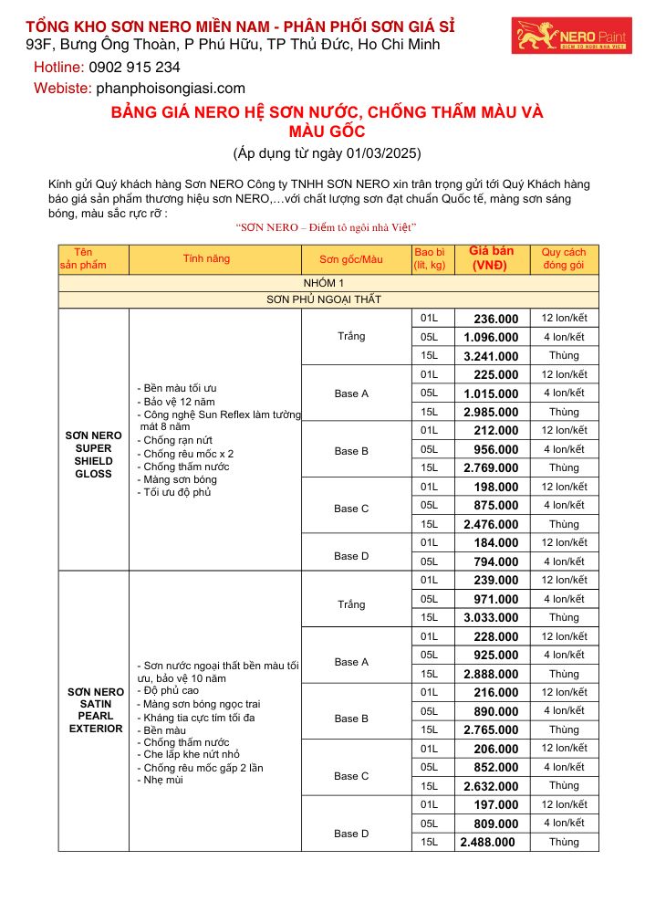 Bảng giá sơn nước, sơn trang trí, bột trét, sơn lót Nero 2025