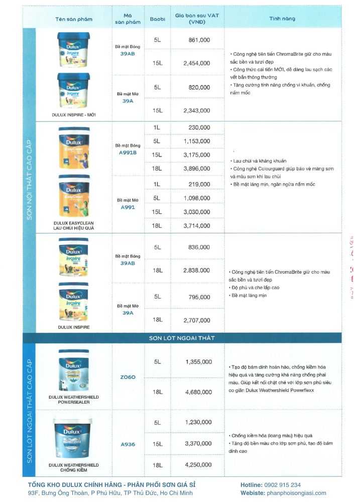 Bảng giá bán lẻ sơn dulux update 1/4/2025