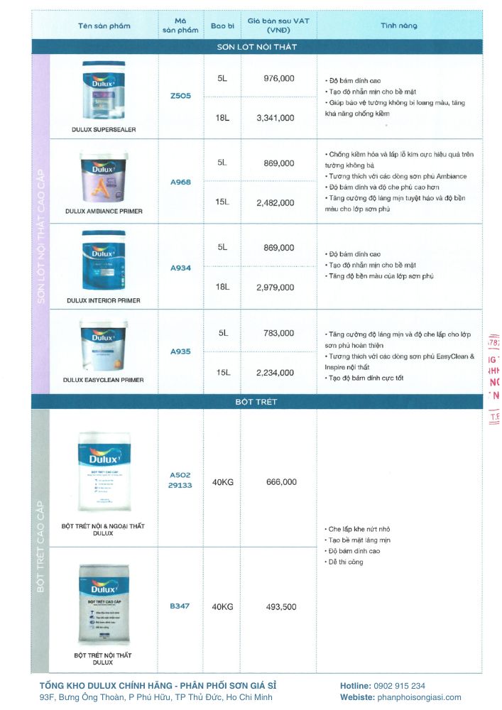 Bảng giá bán lẻ sơn dulux update 1/4/2025