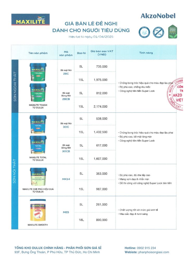 Bảng giá bán lẻ sơn dulux update 1/4/2025