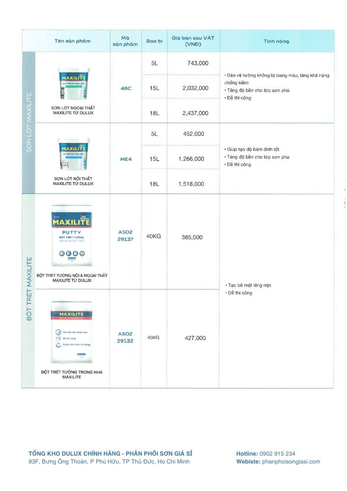 Bảng giá bán lẻ sơn dulux update 1/4/2025