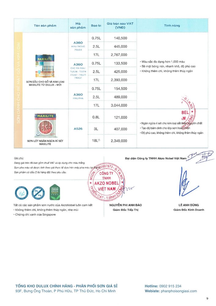 Bảng giá bán lẻ sơn dulux update 1/4/2025